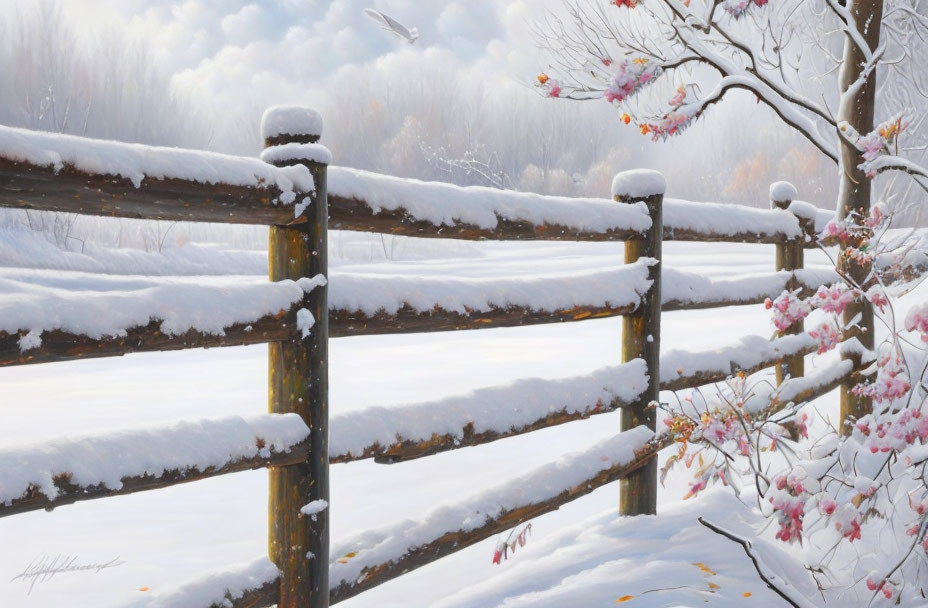 Snow-covered wooden fence in serene winter scene with pink blossoms and frosty forest.