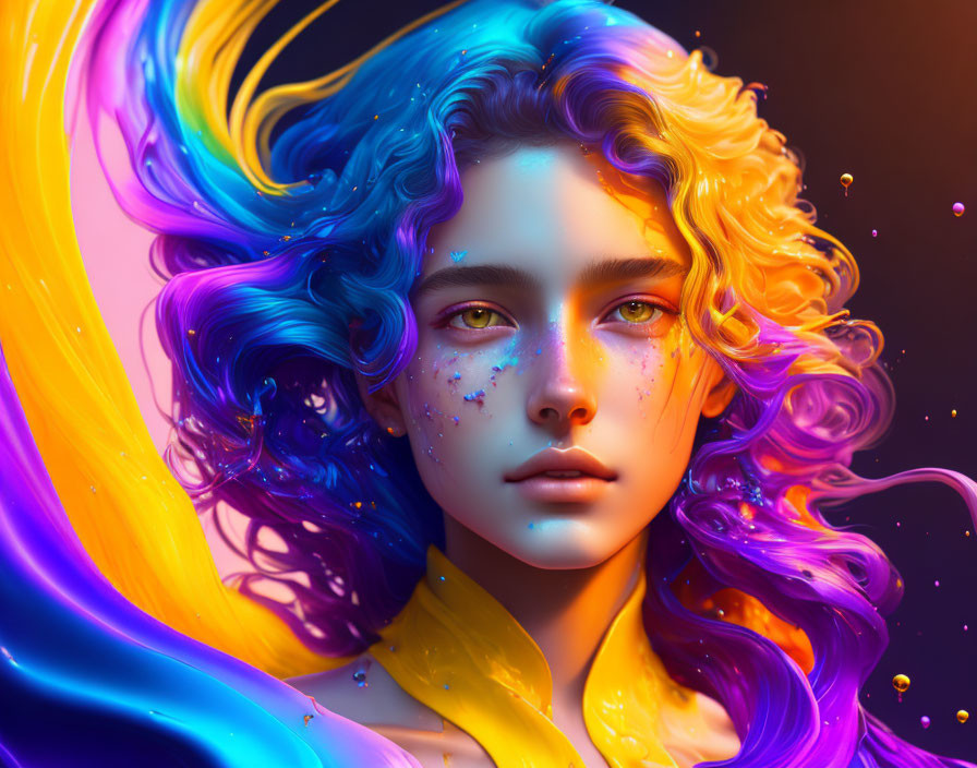 Colorful digital portrait with wavy hair and glittering skin on gradient backdrop.