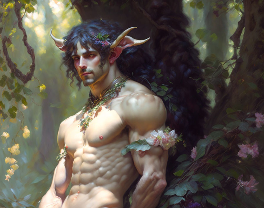 Muscular mythical creature with horns and pointed ears in forest setting.