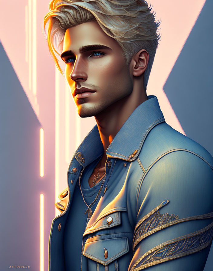 Blond Man in Denim Jacket with Neon Lights