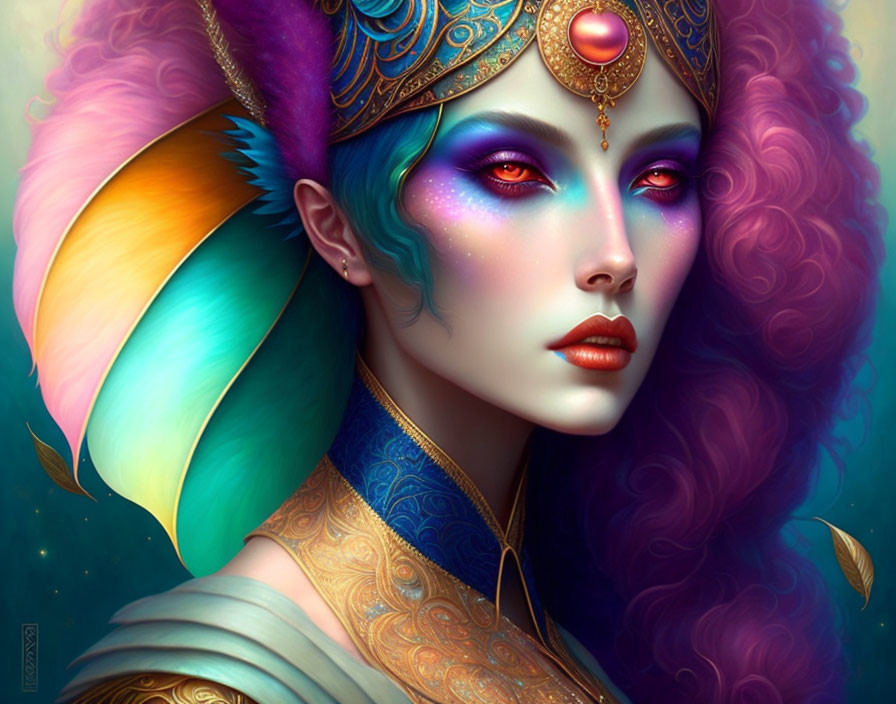 Colorful hair, ornate headgear, vibrant makeup: fantasy illustration of enigmatic woman on mystical