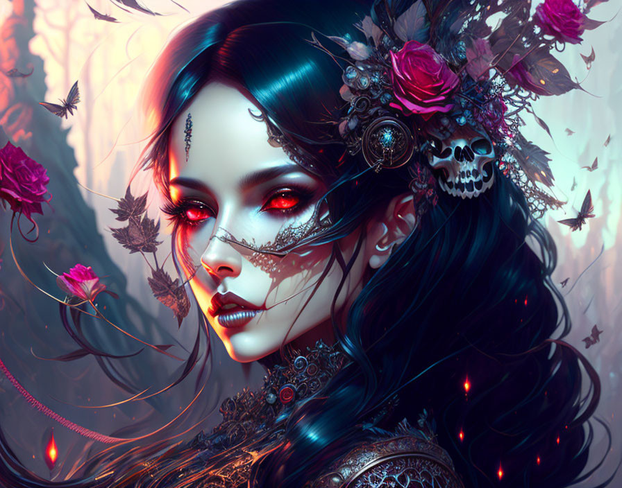 Digital artwork: Woman with dark hair, skull, roses, mystical tattoos, and red eyes