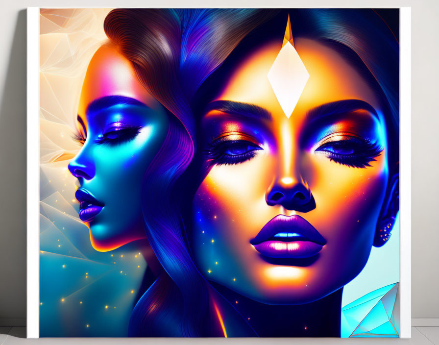 Colorful digital artwork: Two female faces with vibrant, glowing skin tones and intricate designs in blue and