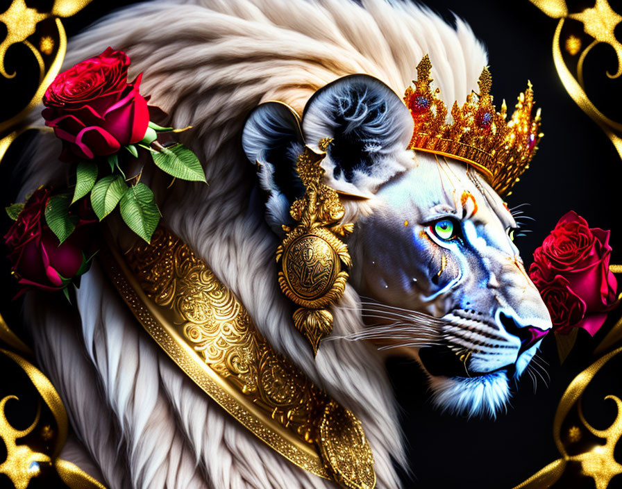 White lion with golden crown and armor, blue eye, red roses, dark background