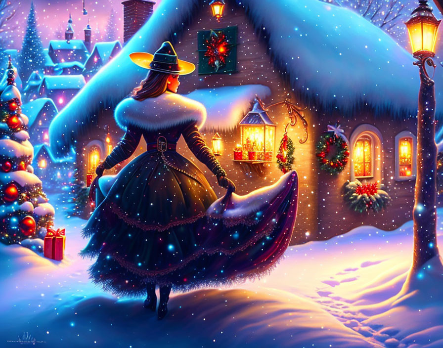 Woman in vintage dress and hat at snow-covered Christmas cottage