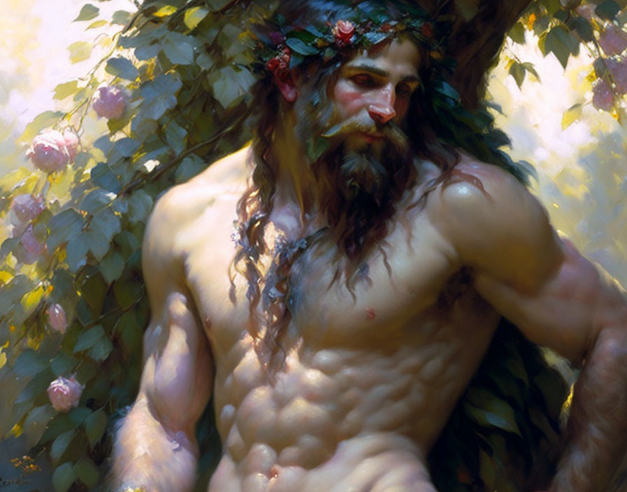 Bearded man with wreath in soft light surrounded by lush foliage