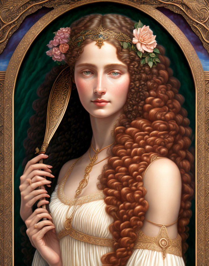 Portrait of woman with long curly hair holding golden mirror, adorned with floral headpiece and jewelry against ar