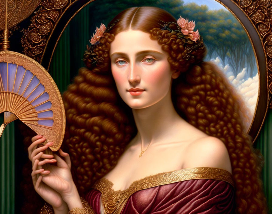 Digital painting of woman with long wavy hair holding golden fan in burgundy dress against nature backdrop