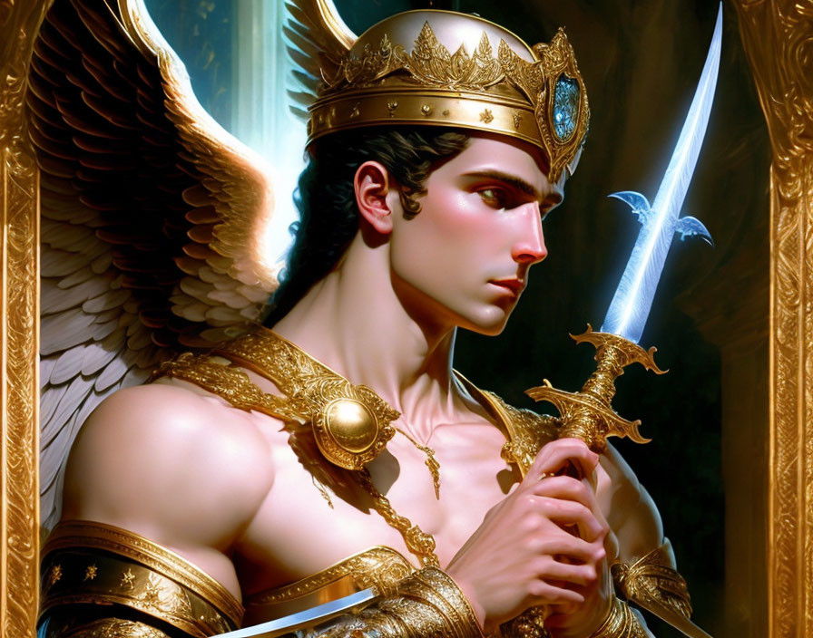 Male figure with angelic wings, golden crown, armor, and sword representing regal celestial strength