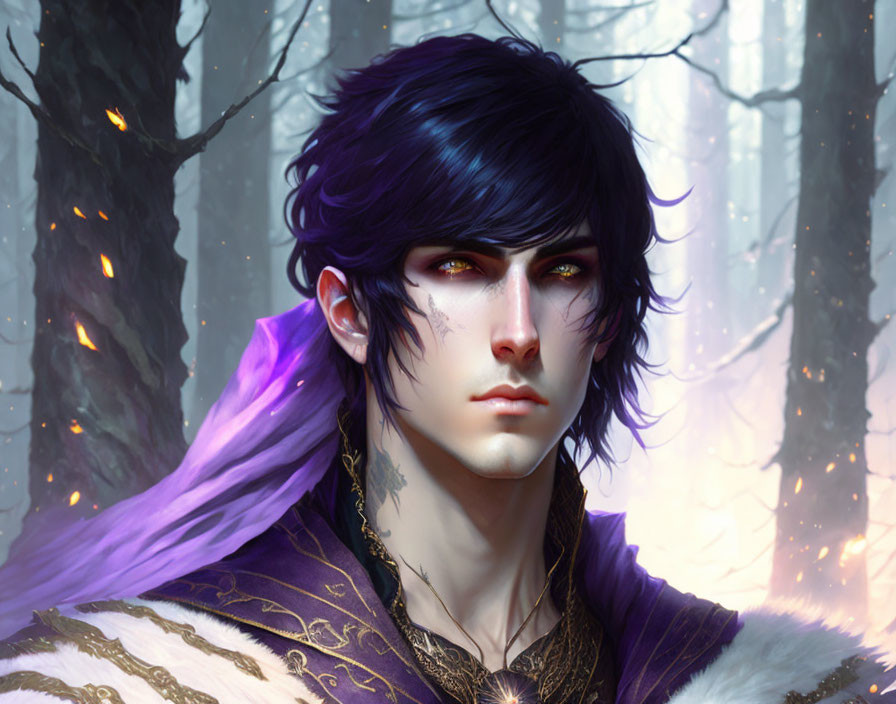 Fantasy Male Figure with Purple Hair in Snowy Forest