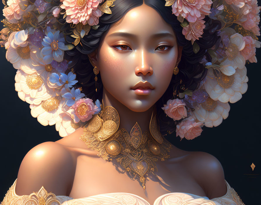 Elaborate floral headpiece and gold jewelry on a woman in digital portrait