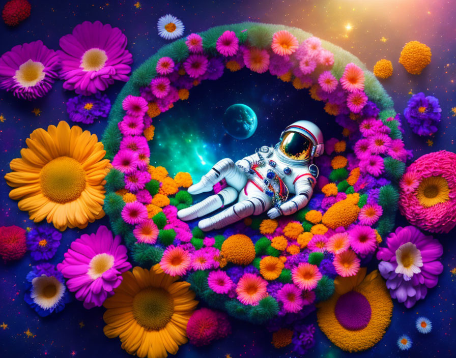 Astronaut surrounded by vibrant ring of flowers in space