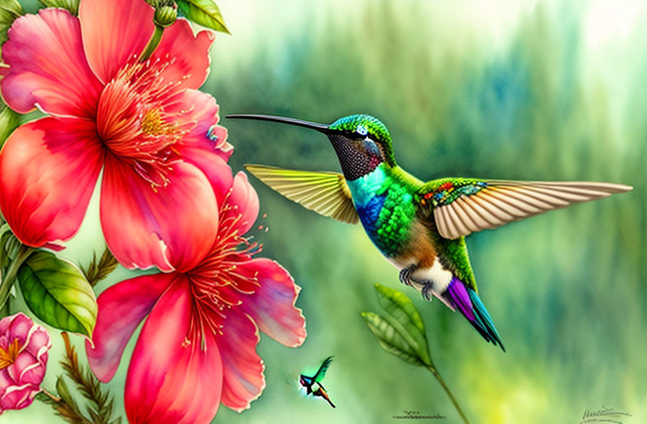 Colorful hummingbird near pink hibiscus flowers in green setting