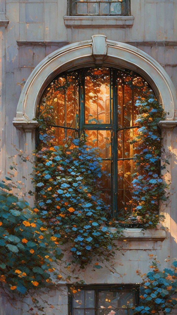 Stone building with arched window and colorful vines under autumn sunlight