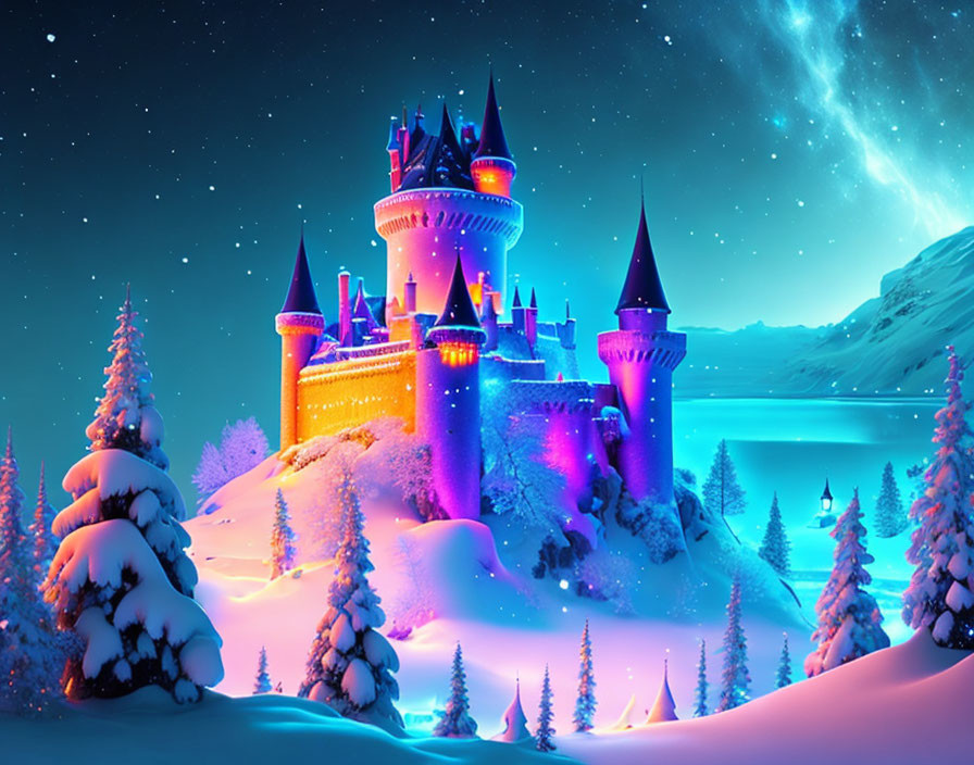 Fantasy castle illuminated by purple and blue lights in snowy landscape