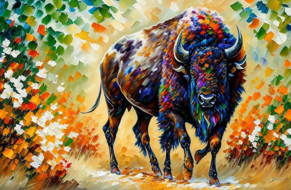 Vibrant Bison Art in Abstract Floral Setting