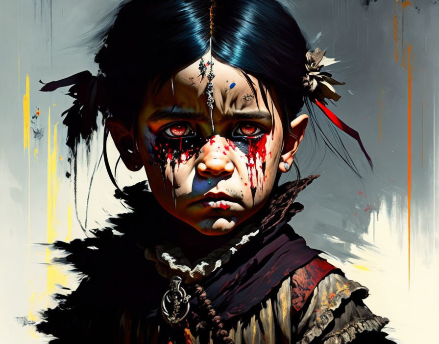 Digital artwork of young girl with tribal-style face paint symbolizing warrior marks