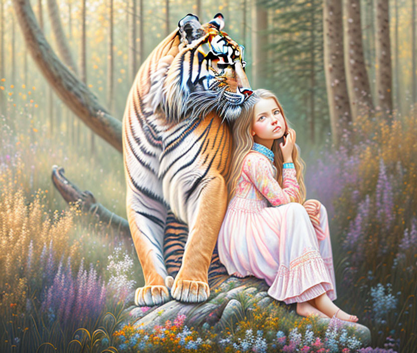 Girl in Pink Dress Sitting Next to Large Tiger in Colorful Forest Clearing