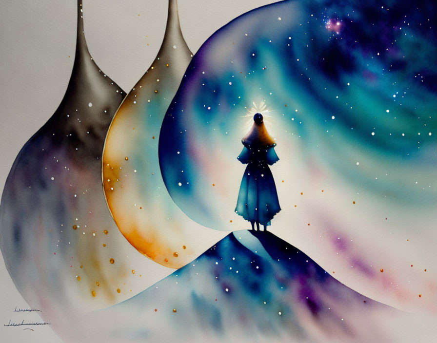 Silhouette of person in dress between surreal drops on starry background