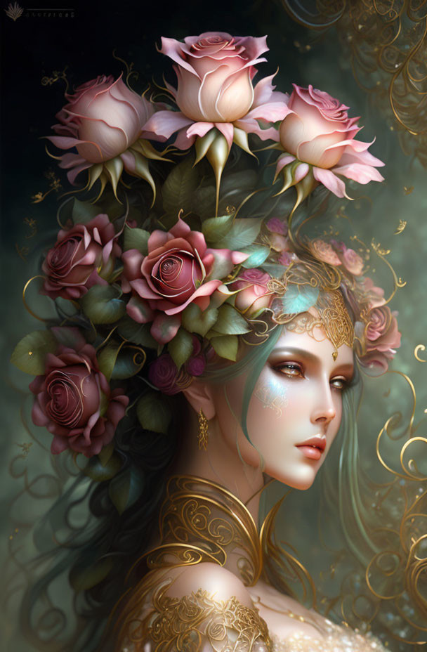 Ethereal woman with pink rose crown and gold ornate face tattoos