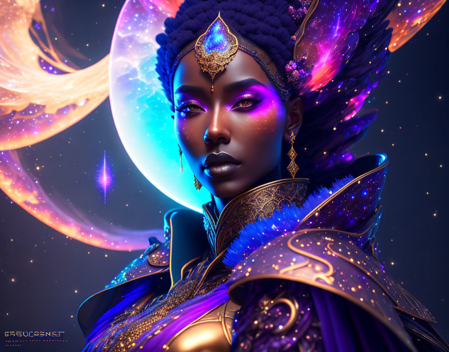 Digital artwork: Woman in deep blue cosmic attire with golden jewelry and headdress, surrounded by celestial bodies