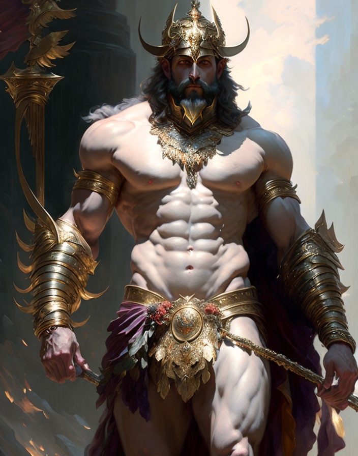 Fantasy character with horned helmet and golden arm braces holding a chain