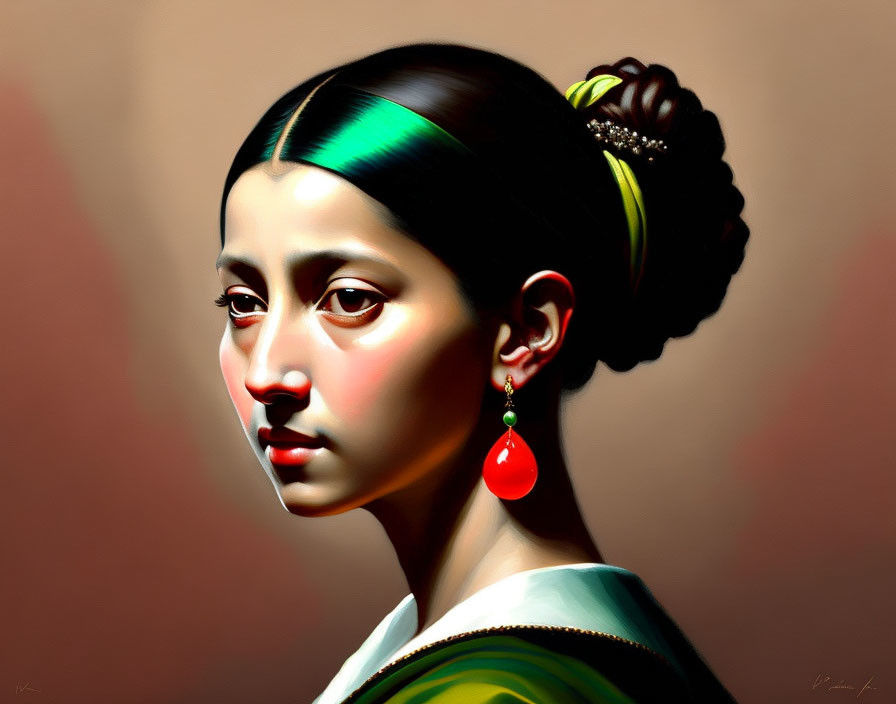 Digital artwork of woman with sleek hair bun, green headband, and red earring