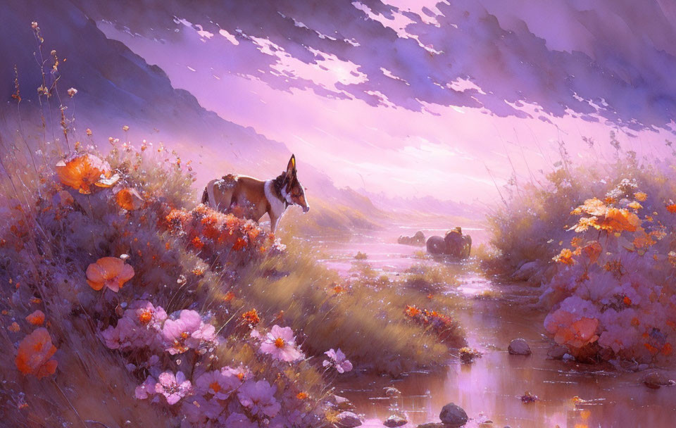 Tranquil landscape painting: horse by stream, vibrant wildflowers, purple sky.