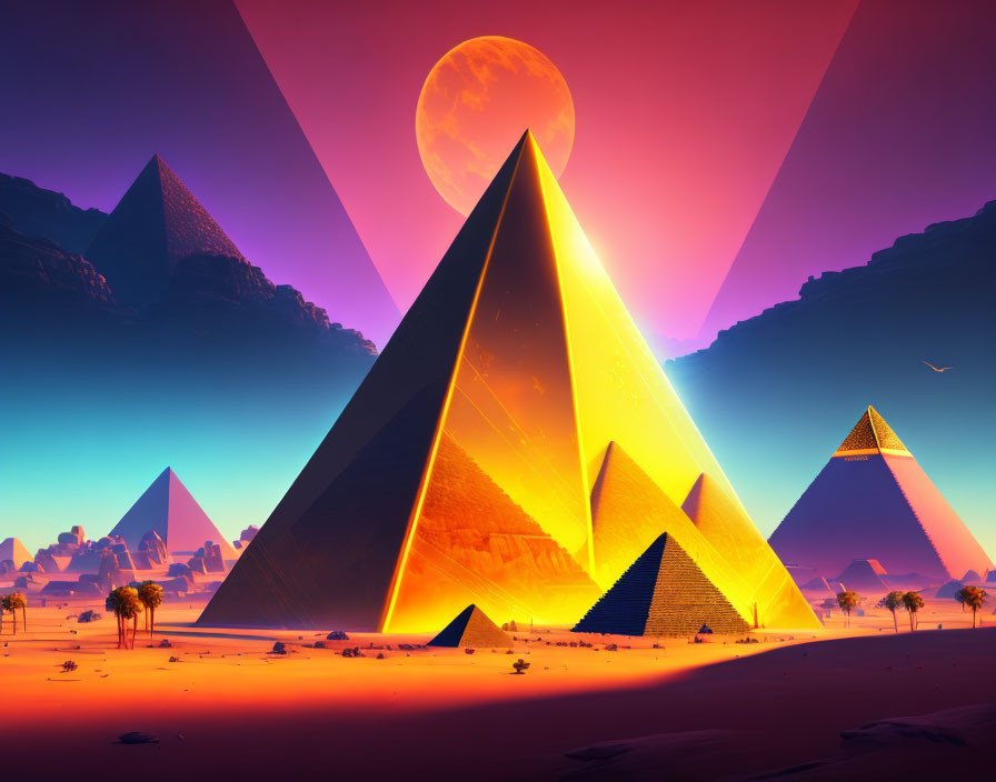 Colorful digital artwork: Great Pyramids glowing in surreal sky