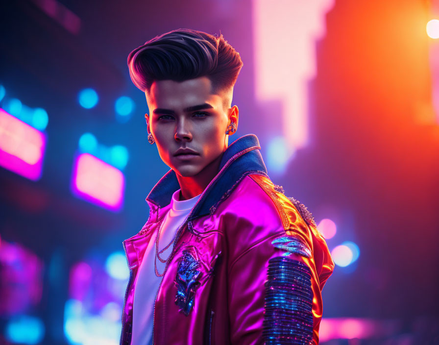 Modern pompadour hairstyle on stylish man in pink and blue bomber jacket against neon city backdrop