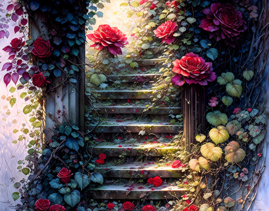 Mystical staircase with red roses and greenery in dappled sunlight