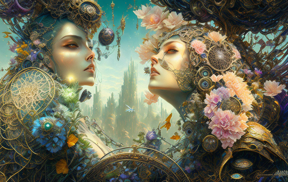 Intricately adorned figures with mechanical and floral elements in fantastical setting