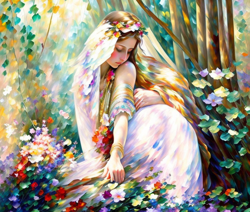 Impressionistic painting of serene woman with floral crown and colorful flowers