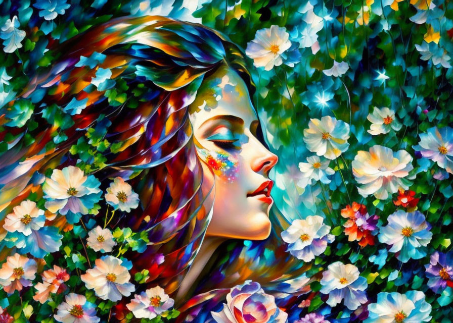 Vibrant woman's profile merges with colorful floral backdrop