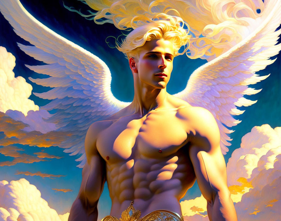 Muscular blonde angel with large wings in divine aura against blue sky