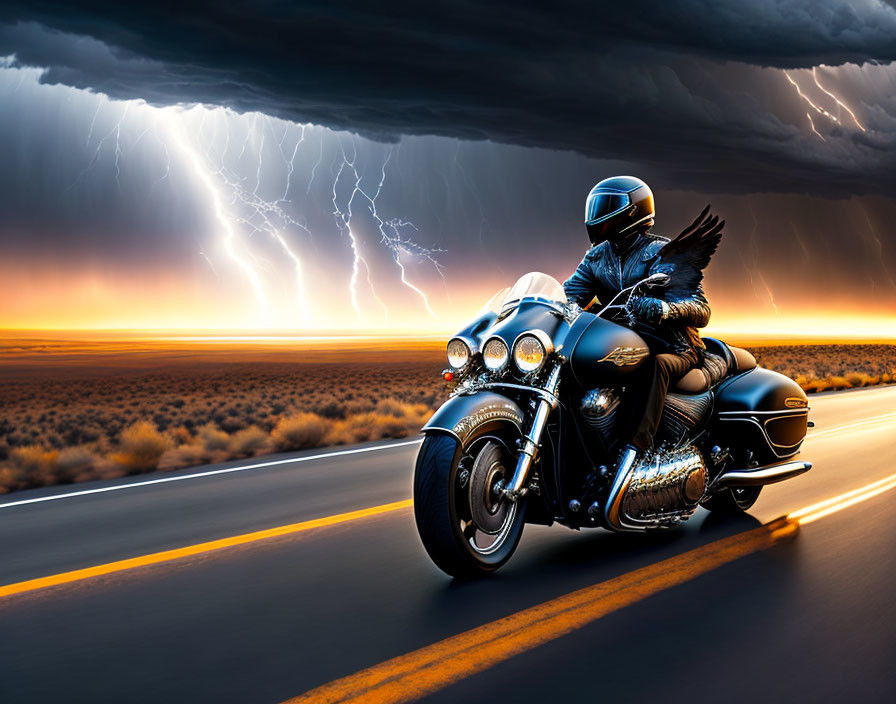 Motorcyclist riding towards vivid sunset with stormy backdrop