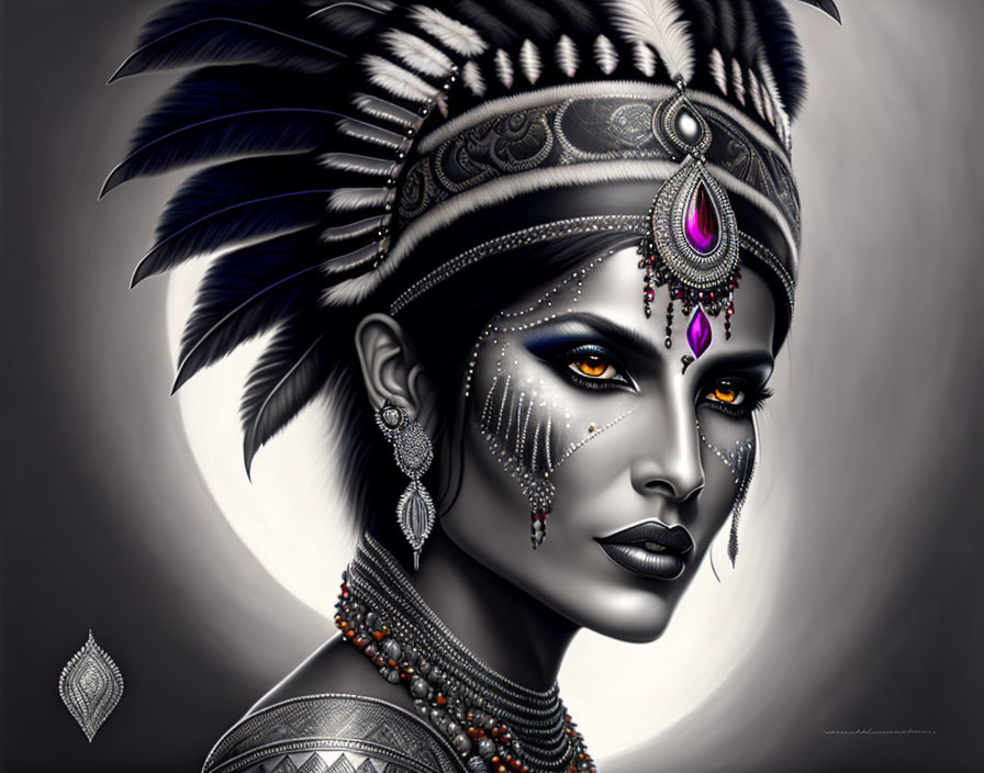 Monochrome portrait of woman with feather headdress and tribal jewelry