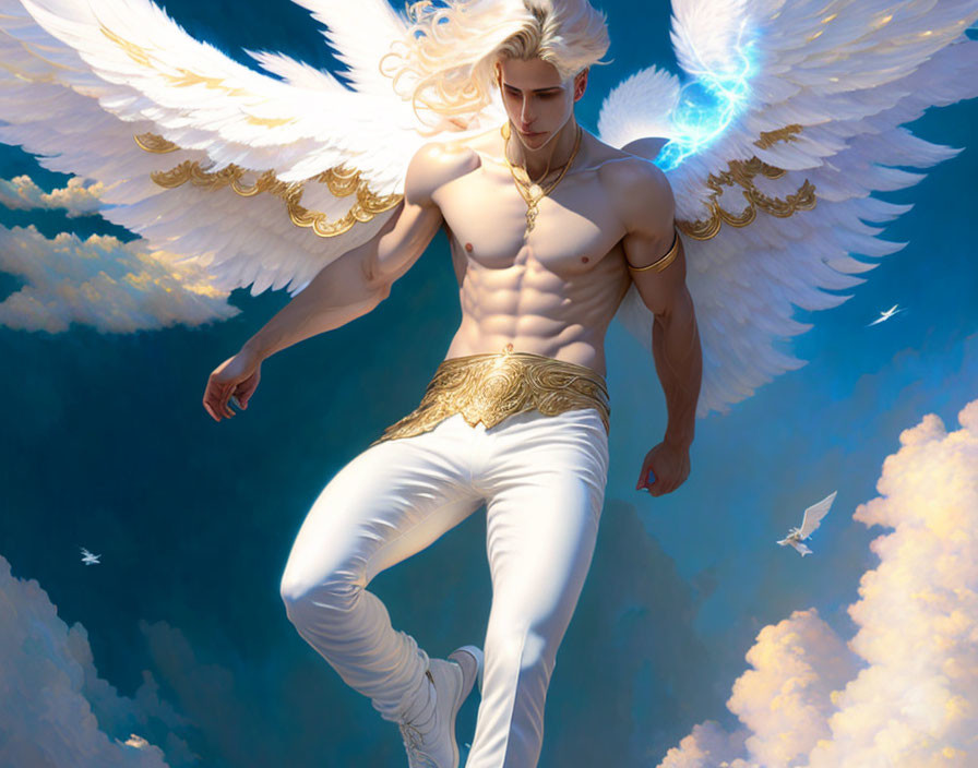 Golden-haired angel with large white wings floating in sky backdrop wearing white pants and gold accessories.