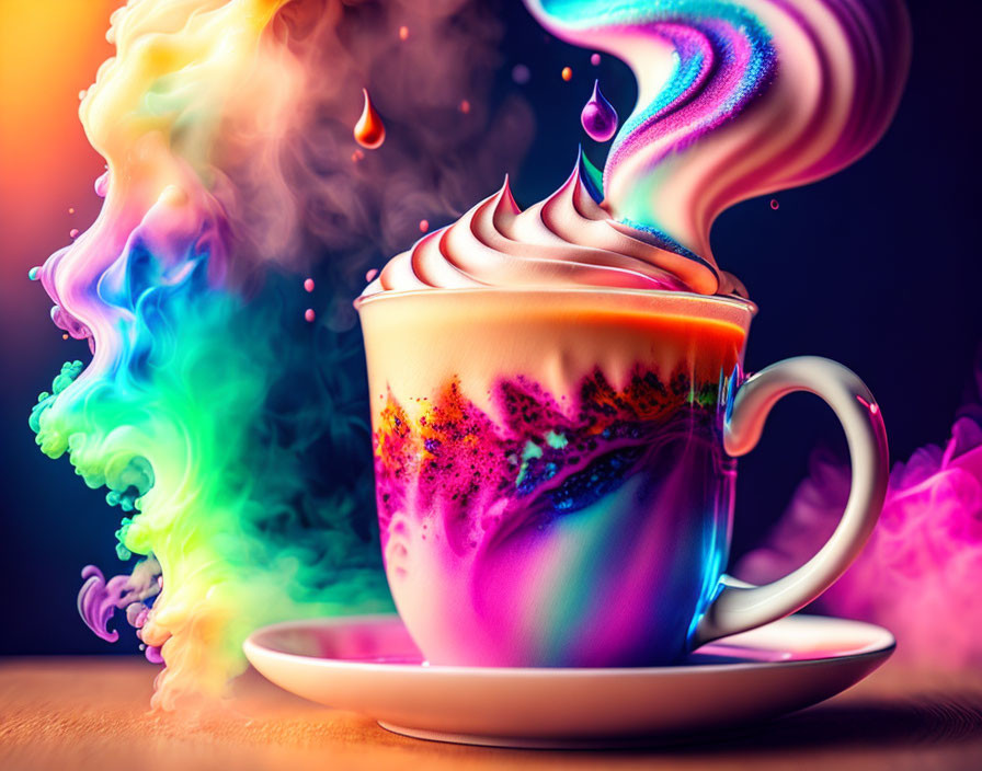 Colorful swirling cup with psychedelic steam on dark background