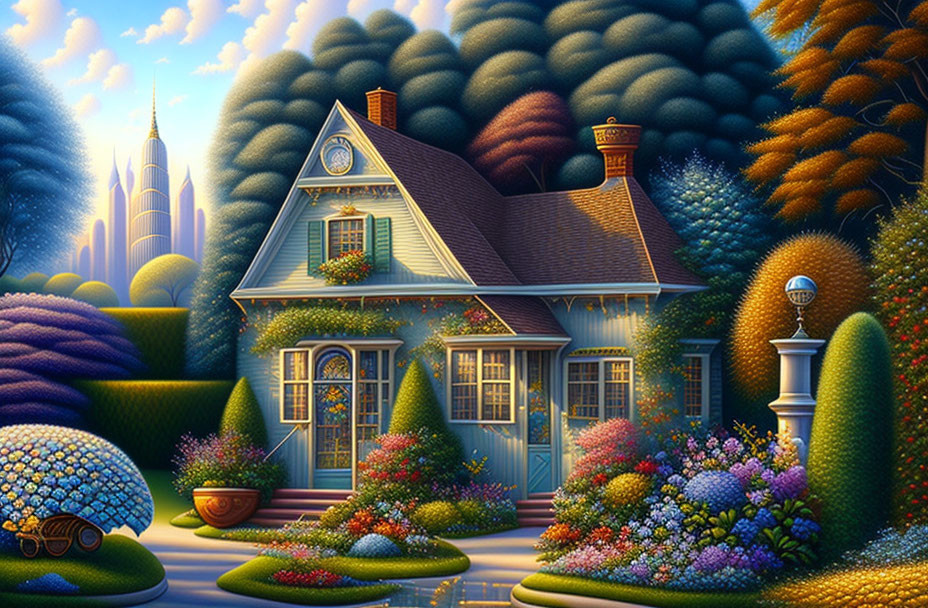 Whimsical painting: Blue house, oversized garden flora, fantastical castle, glowing sky