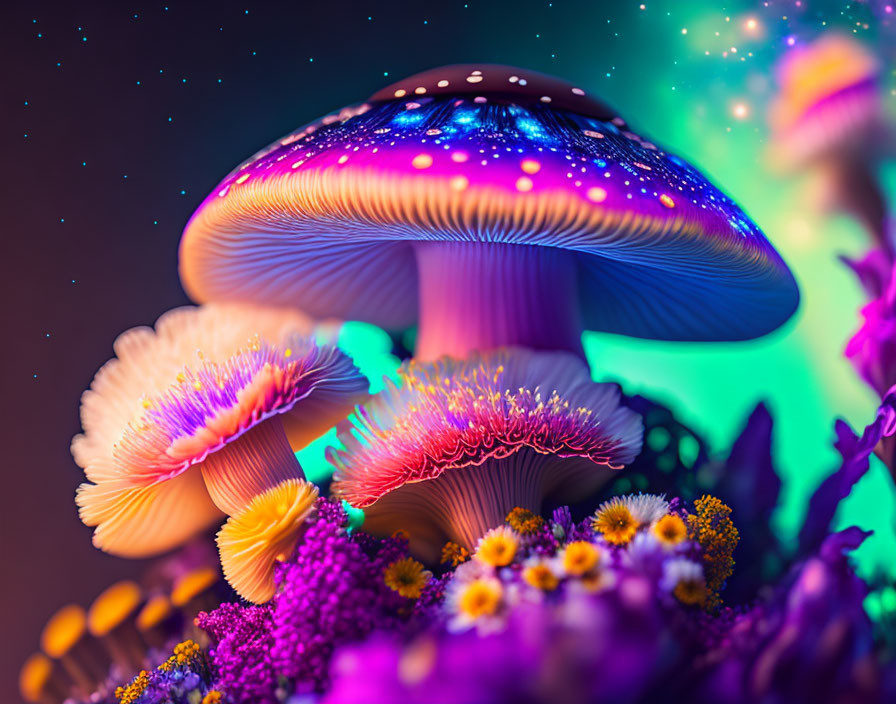 Colorful digitally-enhanced mushrooms in starry backdrop with vivid flowers