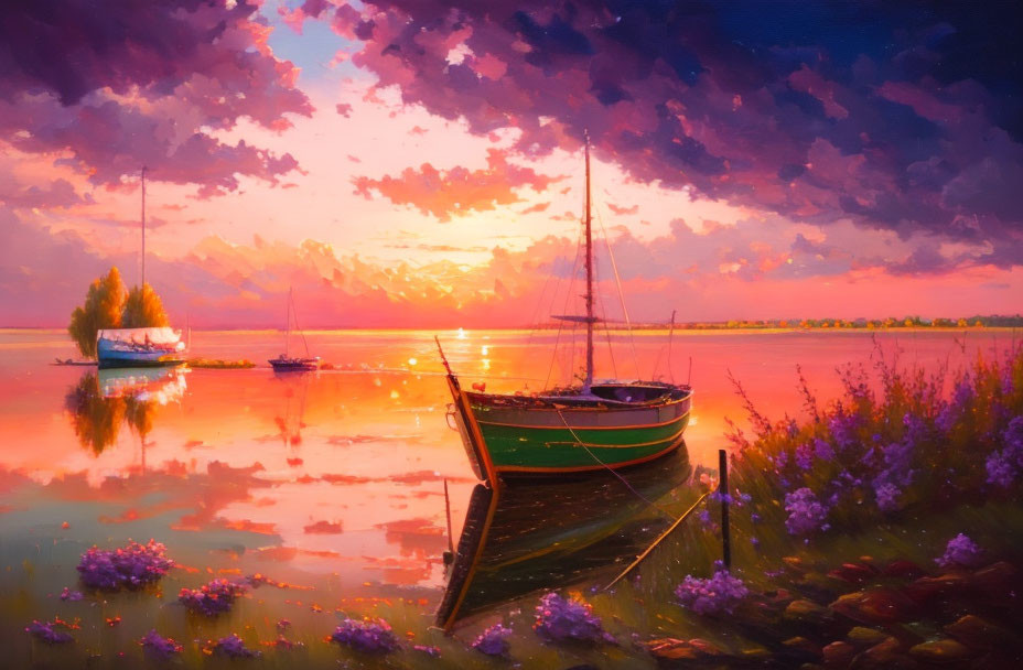 Tranquil lakeside sunset with boats, purple clouds, and reflection.