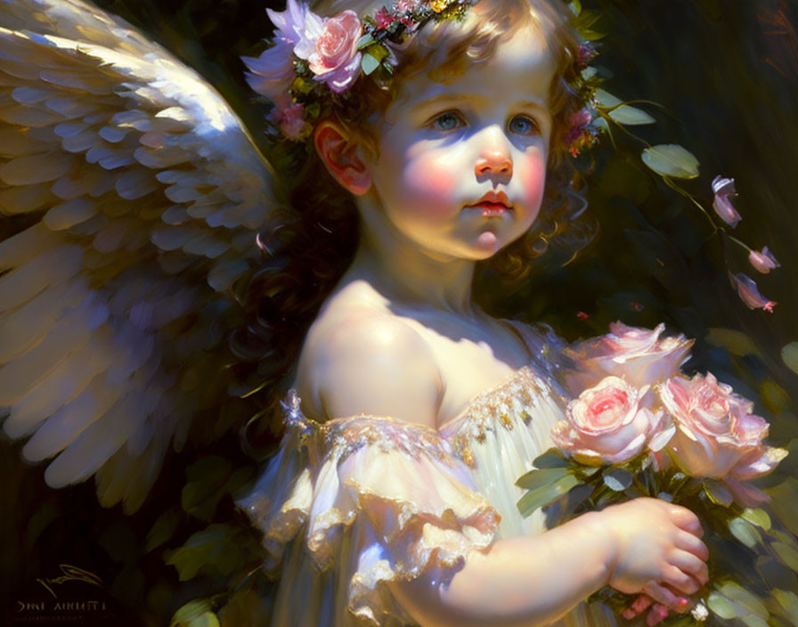 Young child with angel wings and floral crown holding pink roses in ethereal glow