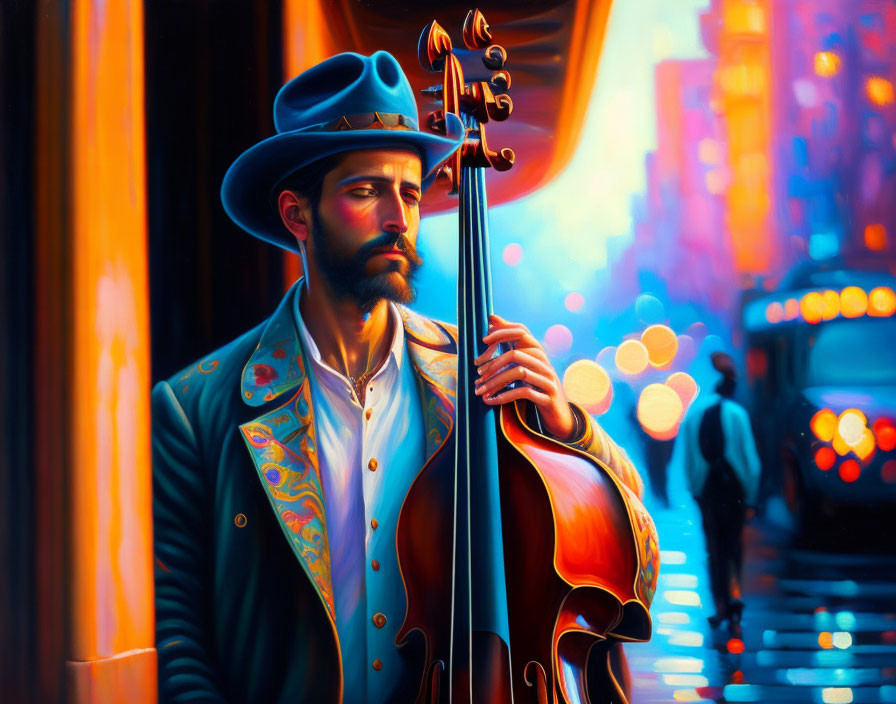 Bearded Musician with Cello on City Street at Dusk