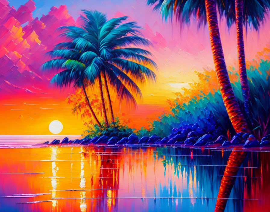 Colorful Tropical Sunset Painting with Silhouetted Palm Trees