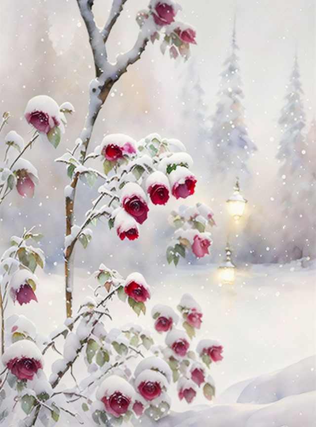 Winter scene with snow-covered roses, tree, and street lamp in snowy setting