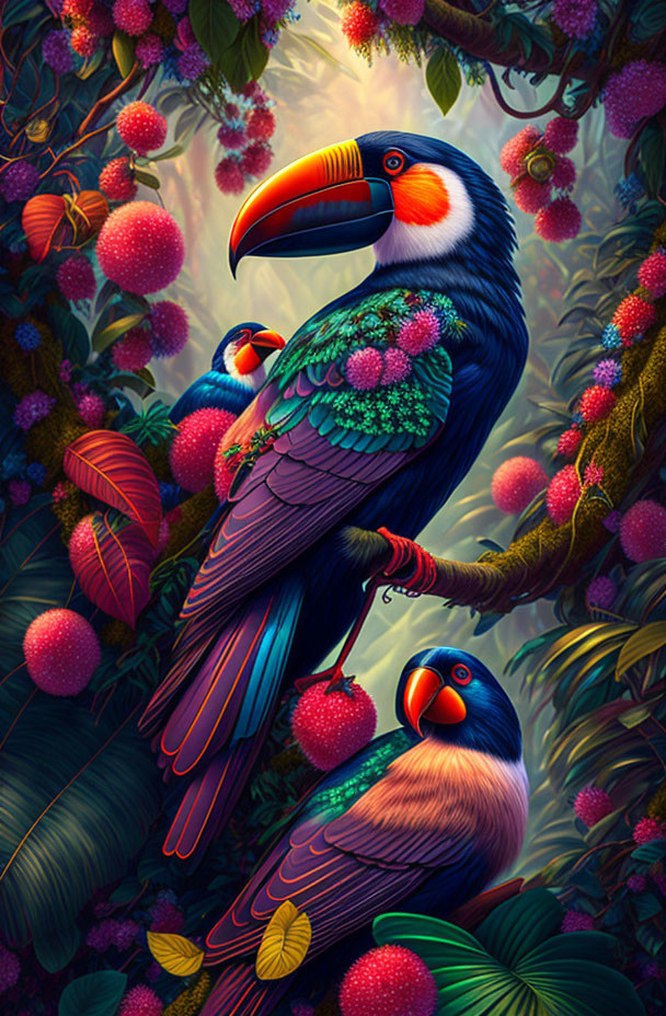 Colorful Toucan Illustration in Lush Tropical Setting