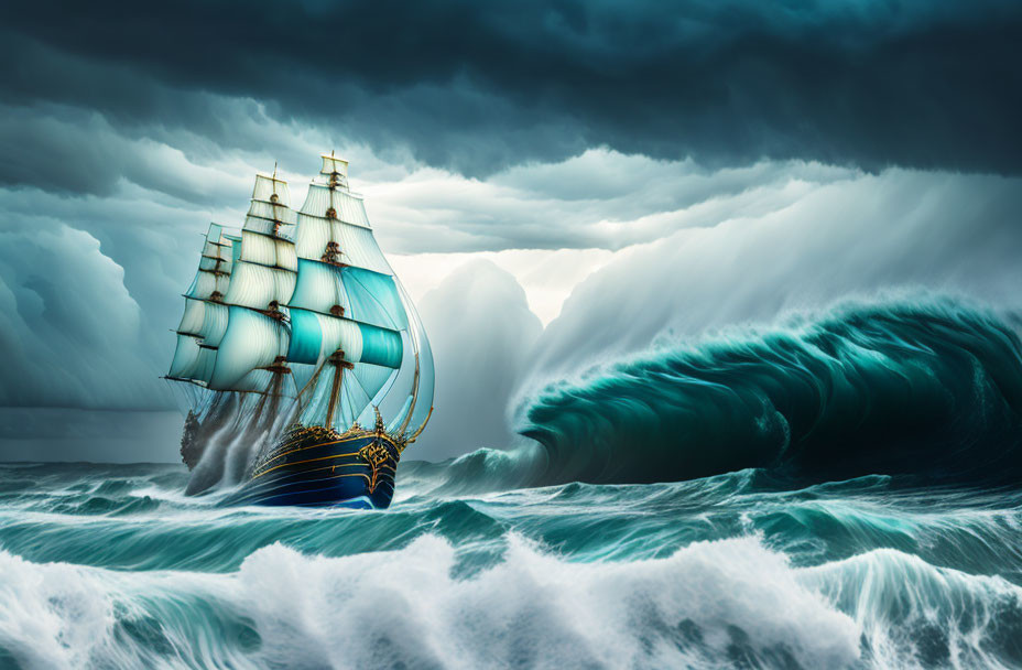 Tall ship sailing through stormy seas