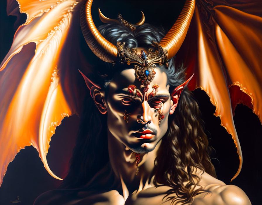 Majestic fantasy portrait of horned figure with elaborate headpiece and fiery wing details