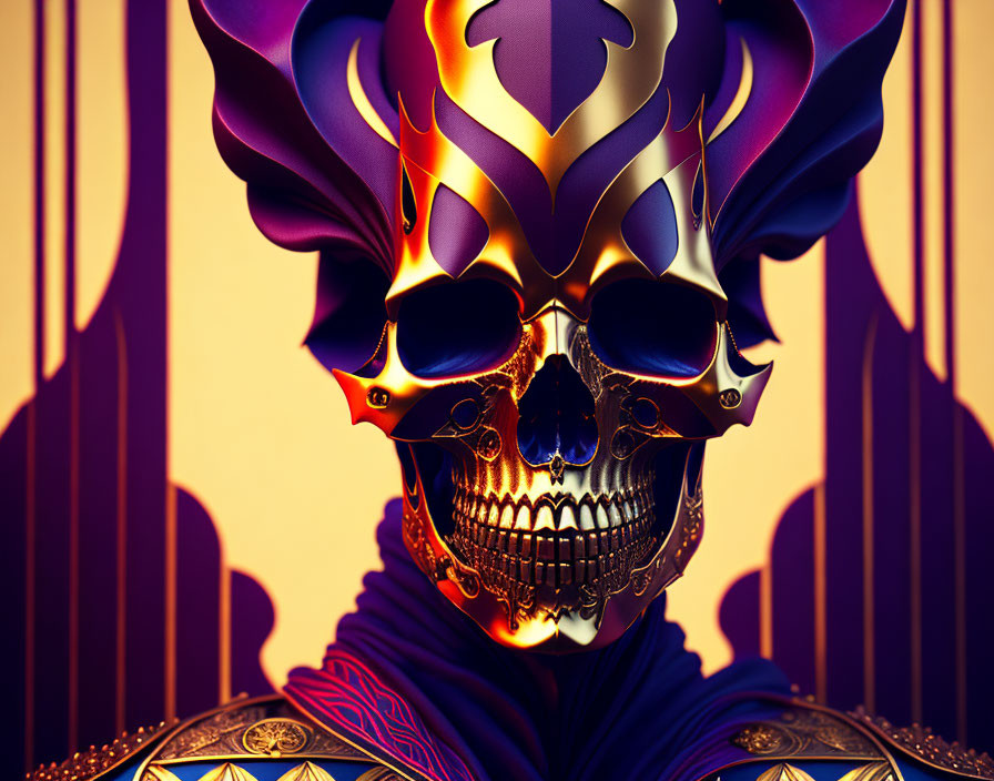 Skull with golden detailing and purple flame mask on stylized backdrop